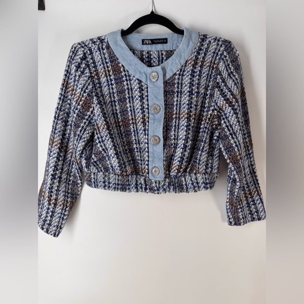 ZARA Tweed Textured Crop Long Sleeve Denim Blue Blazer